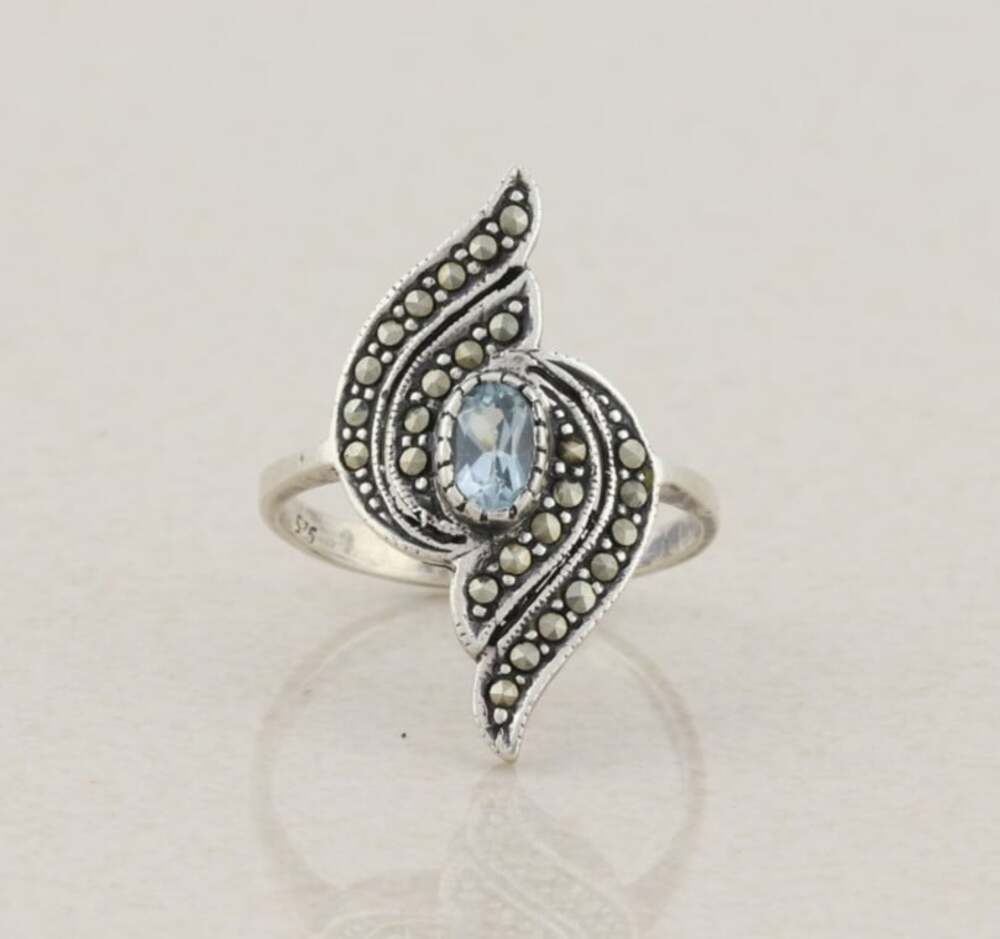 Sterling Silver Natural Sky Blue Topaz and Marcasite Ring Size 8 1/4